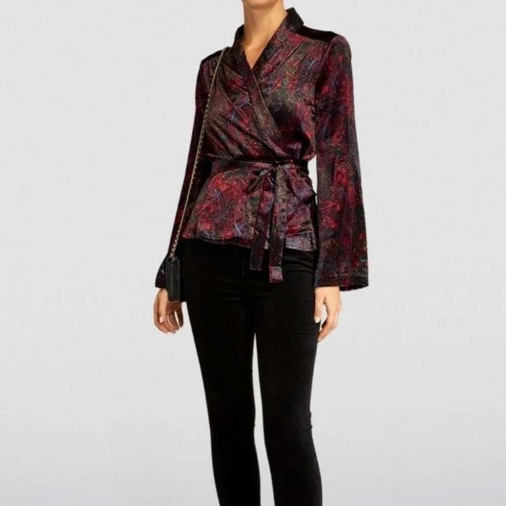 L'AGENCE Wrap Top Women L Red Paisley Velvet Bell Sleeve Belted Luxury Romantic